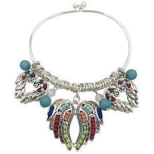 Angel Wing Heart Bead Inlay Dangle Charm Wire Hook Bangle Bracelet